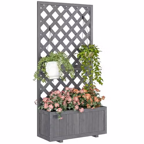 Outsunny Grey Wood Garden Planter with Trellis for Climbers, W: 31.5 cm, H: 149.5 cm – 1