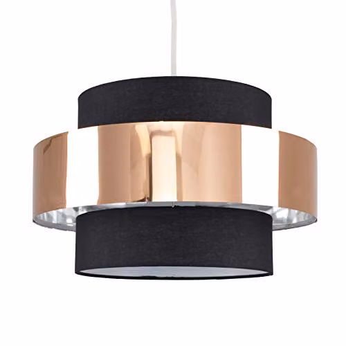 MiniSun Modern Cylinder Ceiling Pendant Light Shade in Black and Copper Fabric, Shade Width: 34 cm – 1