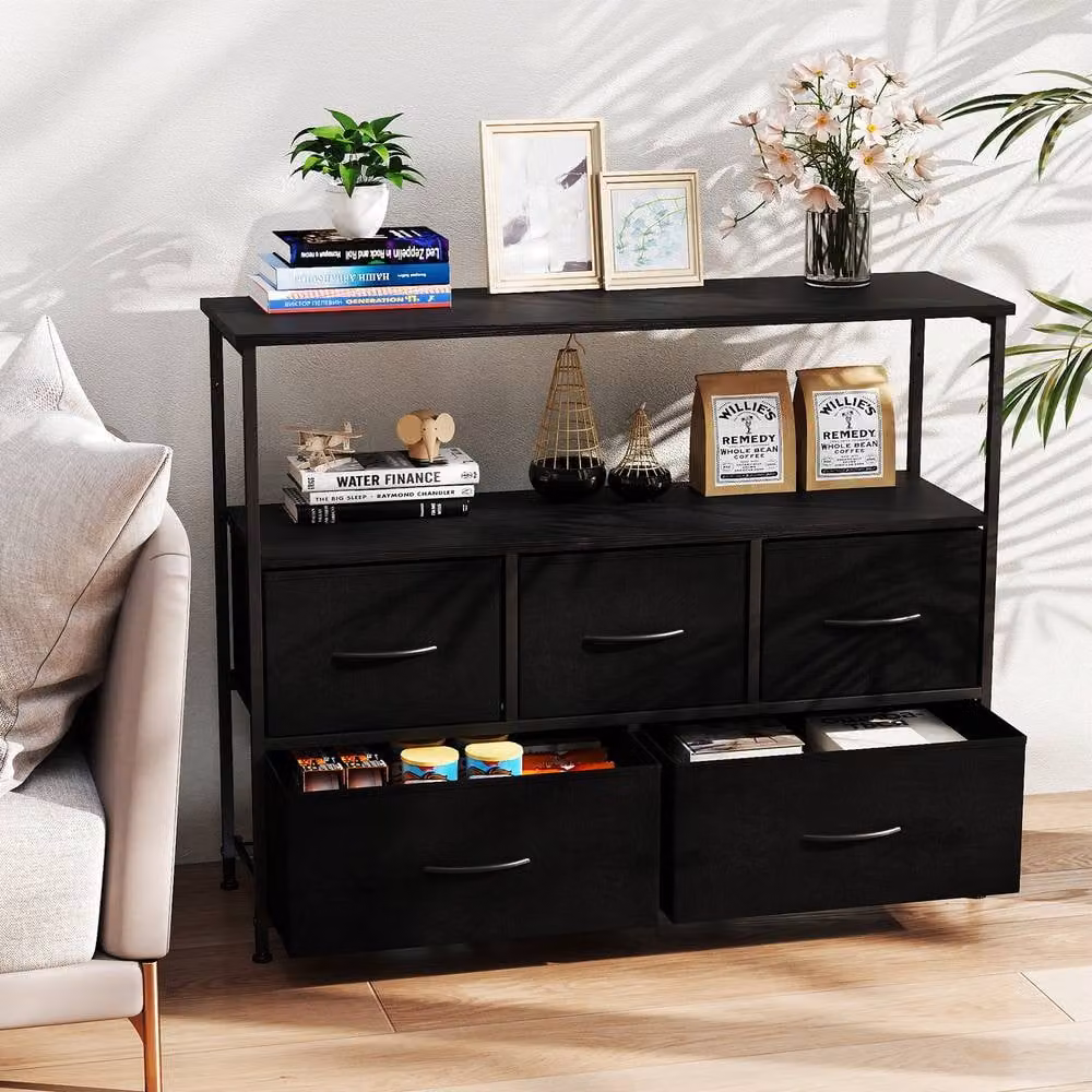 Gymax 5-Drawer Dresser with Open Shelves in Black – 6
