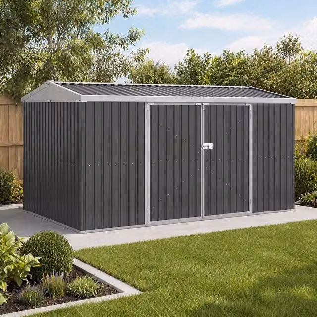 STILVORA Grey Steel Garden Storage Shed with Lockable Double Doors and Window, W: 420 cm, H: 200 cm, D: 200 cm