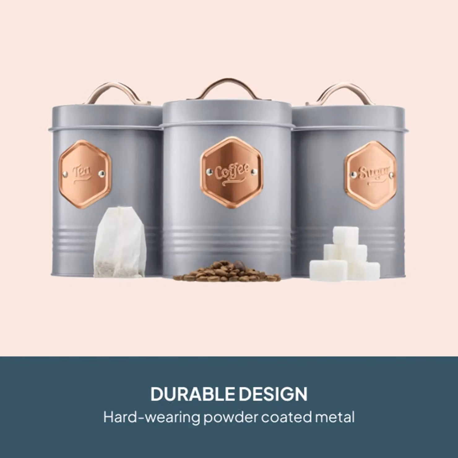Cooks Professional 3-Piece Tea, Coffee and Sugar Airtight Storage Canister Set in Grey with Copper Labels – 3