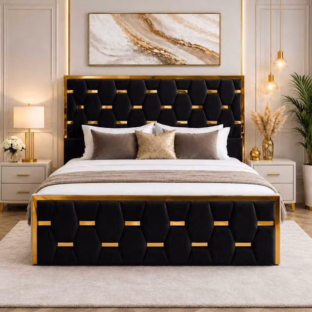 K Mehmood Enterprise Ltd Modern Black Velvet Upholstered Ottoman Bed with Geometric Tufted Headboard and Lift Up Base