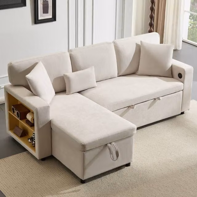 ModernLuxe Reversible 3 Seater L-Shape Corner Sofa Bed with Pull Out Bed, USB Charging and Open Storage in Beige