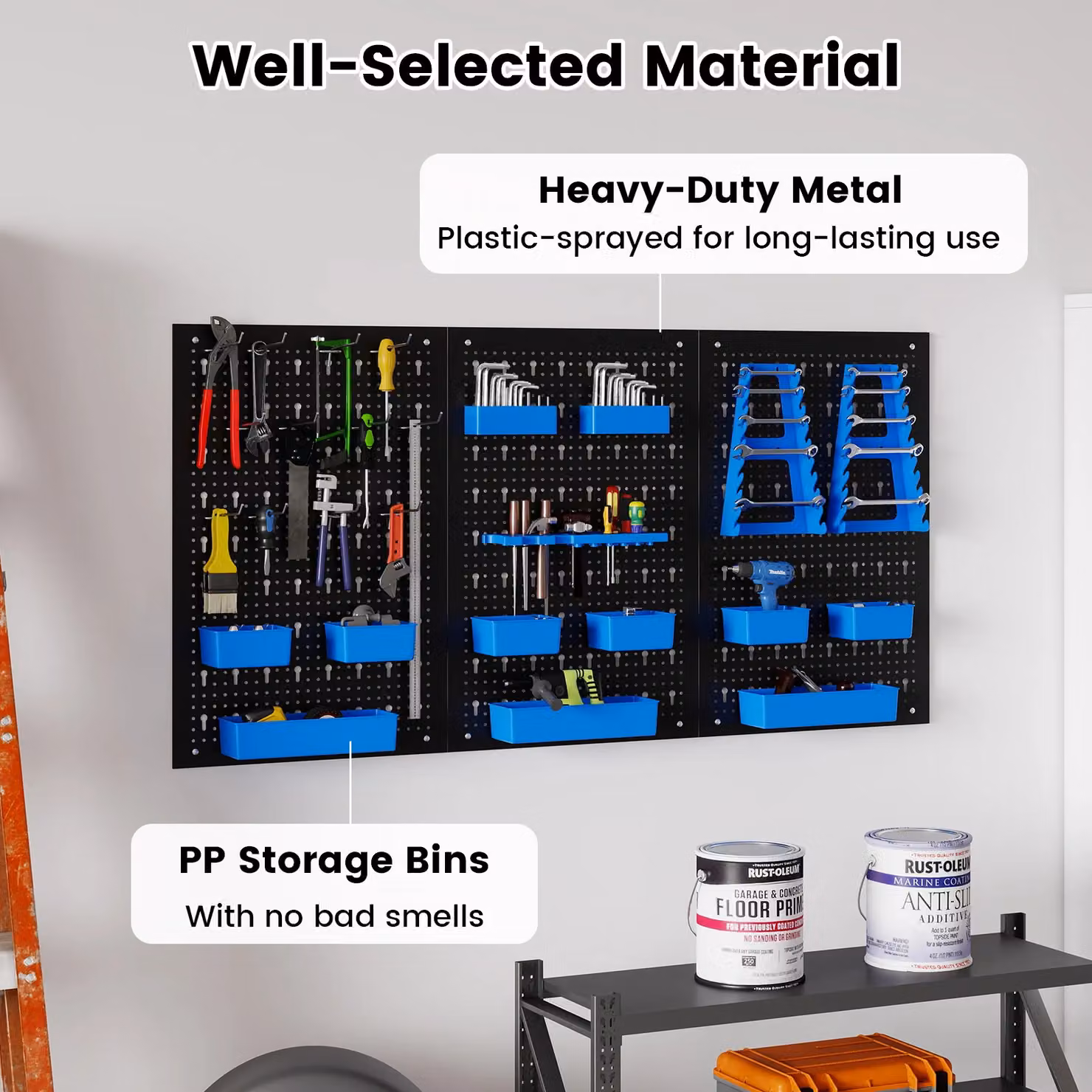 Costway Pegboard Wall Organizer with 9 Bins and Hammer Racks, Blue, W: 120 cm, H: 60 cm, D: 26 cm – 4