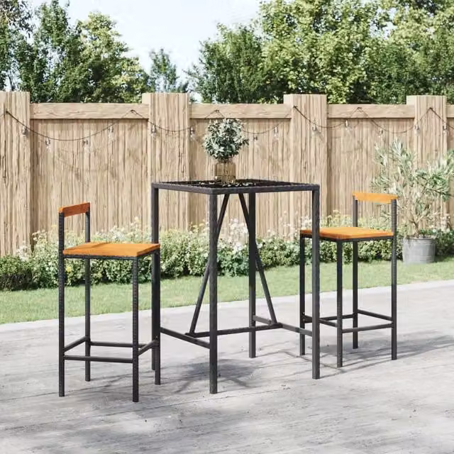 Berkfield Home 3 Piece Garden Bar Set in Black Poly Rattan and Solid Acacia Wood