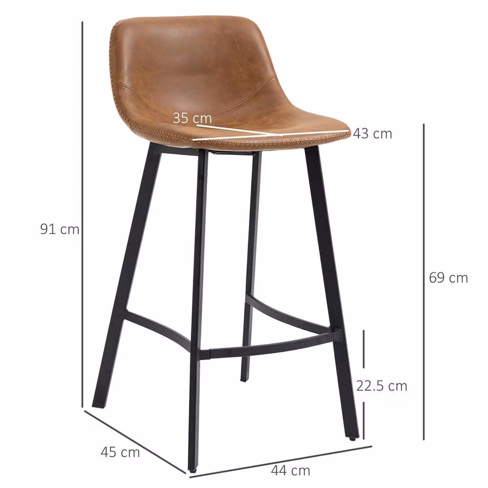 EONLION Set of 2 Brown Faux Leather Bar Stools with Back and Metal Frame, Height: 100 cm – 2