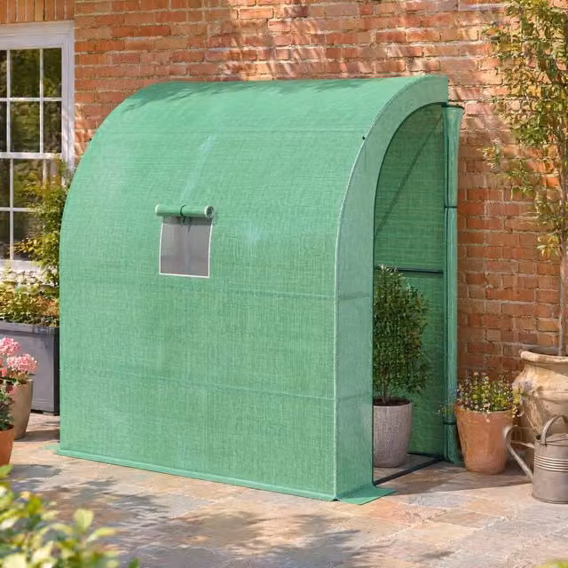 STILVORA Green Lean-to Pent Greenhouse with Shelving and PE Cover – 1