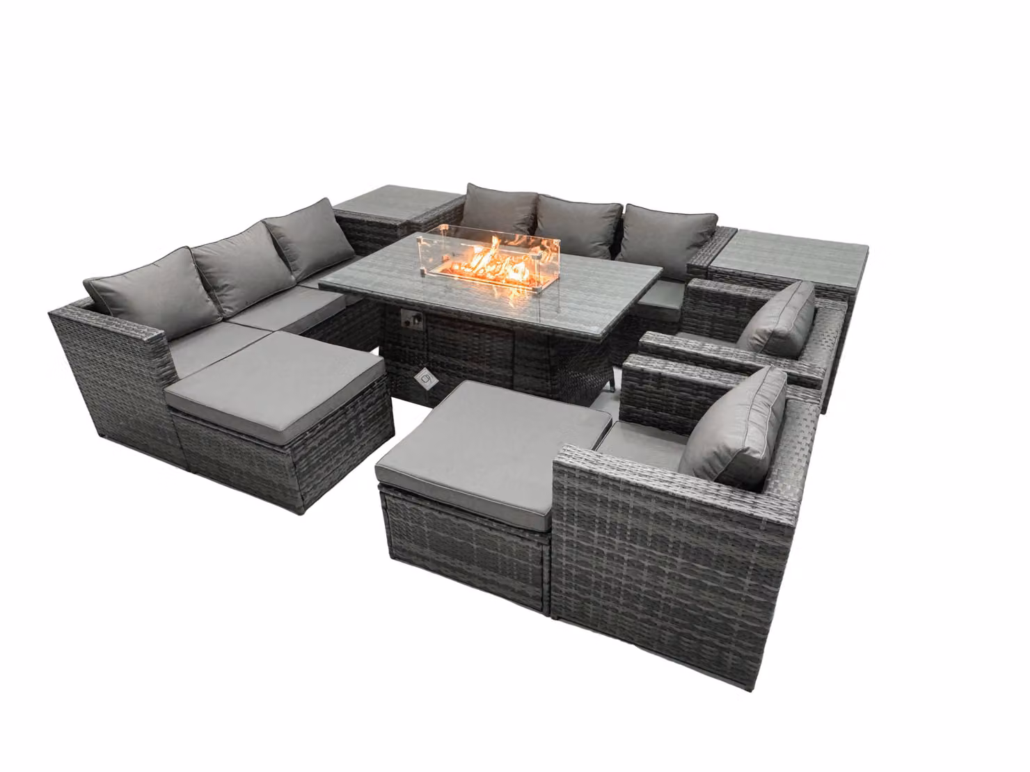 Fimous 10 Seater Rattan Garden Furniture Firepit Dining Set with Lounge Sofa, Table, 2 Side Tables and 2 Large Footstools in Dark Grey – 2