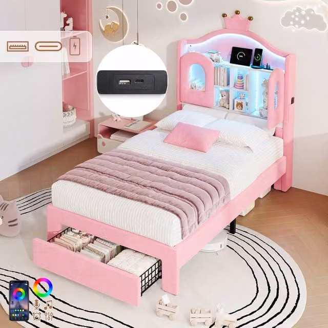 Rolipo Pink Velvet 3ft Single Bed Frame with LED Crown Headboard, Bedside Shelf and USB Charging Port