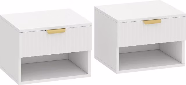 HOMCOM Set of 2 Modern Wall Mounted Floating Nightstands with Fluted Soft Close Drawers and Open Shelves in White and Gold – 1