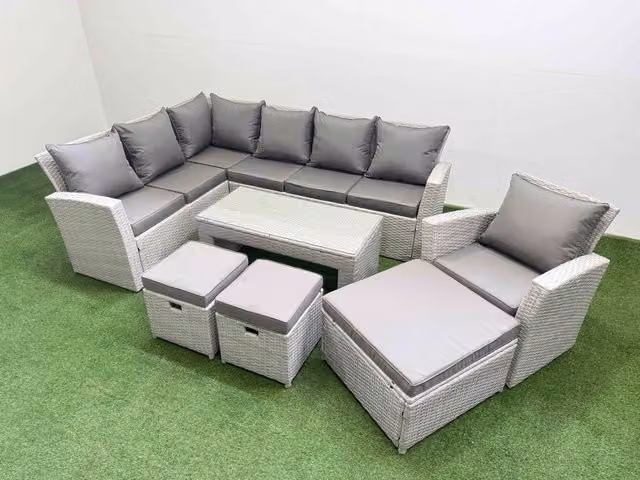 Fimous Outdoor 10 Seater L-Shape Corner Sofa Set in Light Grey with Armchair and Matching Ottomans