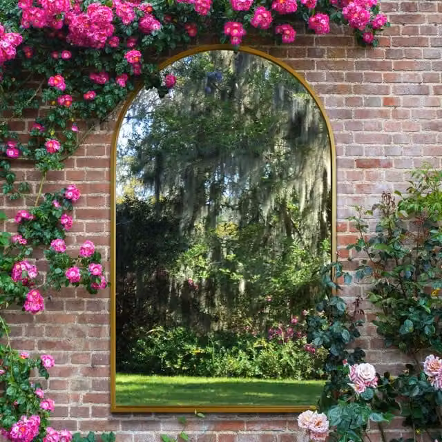 MirrorOutlet The Arcus Framed Arched Garden Wall Mirror in Gold