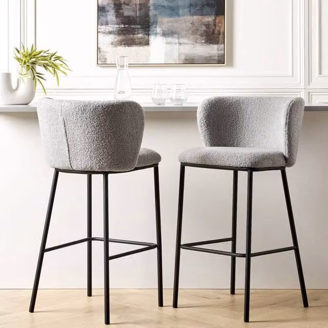 Wyld and Coco Set of 2 Grey Boucle Armless Curved Bar Chairs with Black Metal Legs