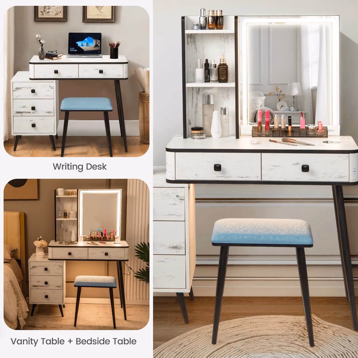 Gymax White Vanity Table Set with Stool and 3-Colour LED Hollywood Mirror – 5