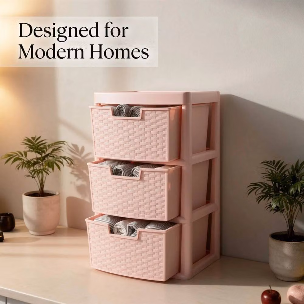 FLAVORA Large Rattan Effect Drawers Storage Unit in Pink, W: 50 cm, D: 50 cm, H: 50 cm – 3