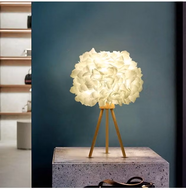 H&O Direct White Fabric Lampshade Table Lamp with Wooden Tripod Base and E27 Fitting – 1