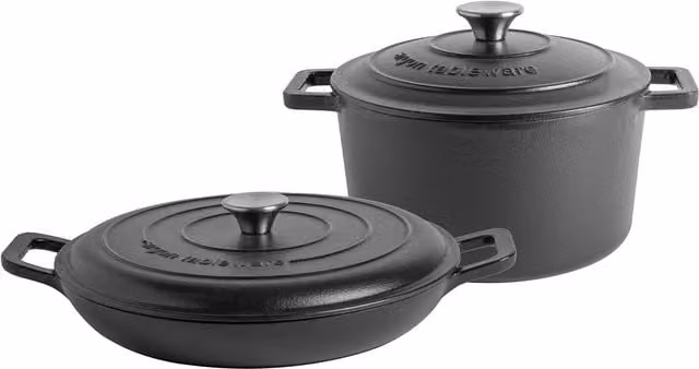 Argon Tableware 2pc Black Enamel Cast Iron Casserole Dish Set with Self-Basting Lids, 2.3 l and 4.68 l
