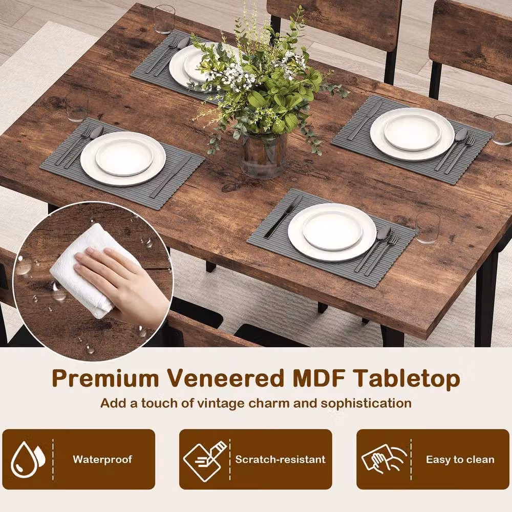Costway Industrial 5-Piece Dining Set with Rectangular Table and 4 Upholstered Chairs in Brown – 9