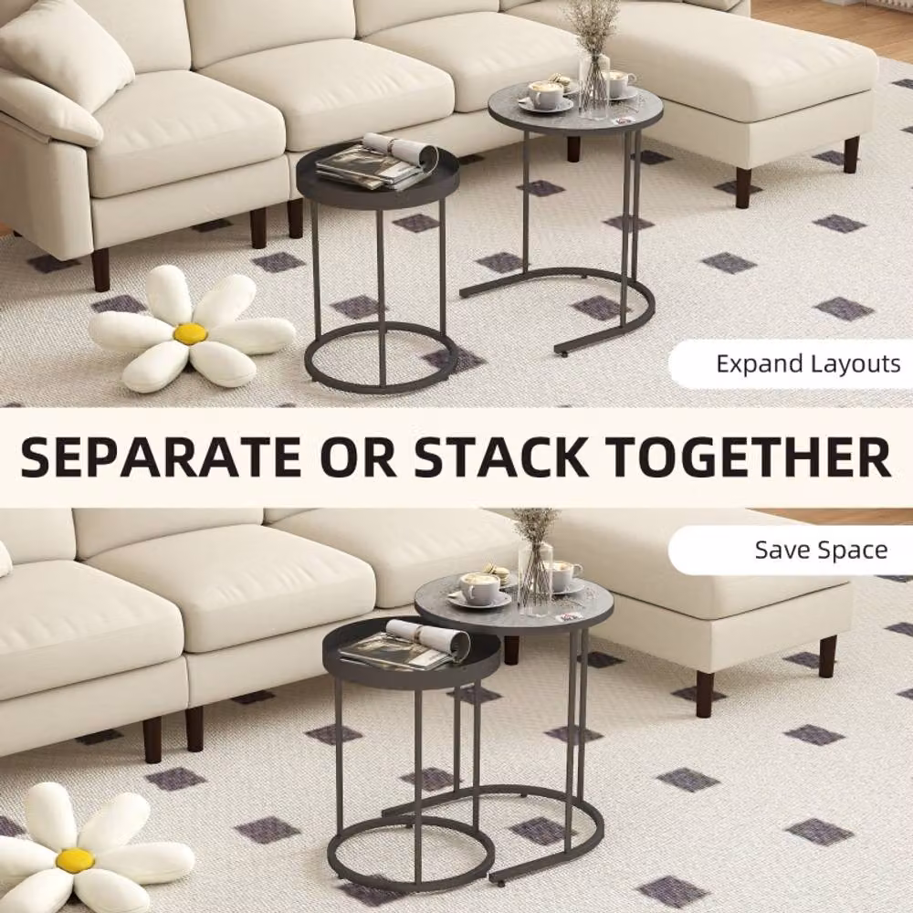STILVORA Nesting Side Tables Set of 2 with Metal Frame in Grey and Black – 2