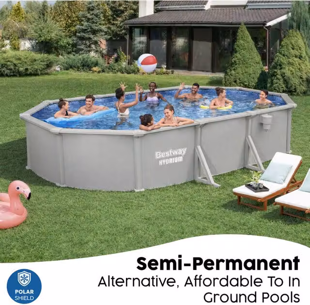 Bestway Hydrium All Year Round Rectangular Above Ground Pool Set with Pump, Filter and Ladder, Light Grey