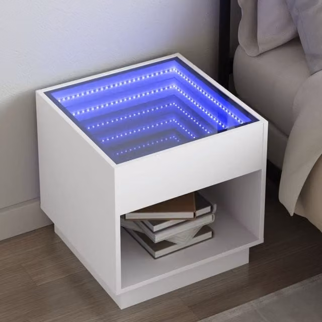 Berkfield Home White Glossy Bedside Table with Integrated Infinity LED Lighting W/D/H: 50 x 50 x 50 cm