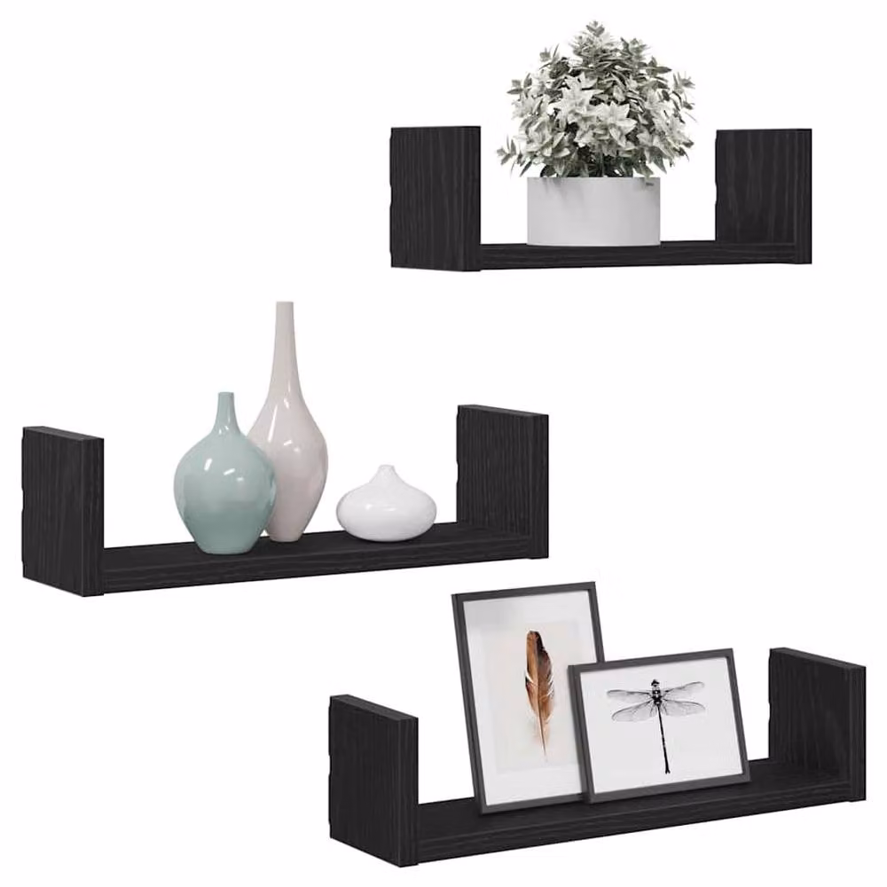 Berkfield Home Set of 3 Durable Wall Mounted Shelves in Black Oak Engineered Wood – 3