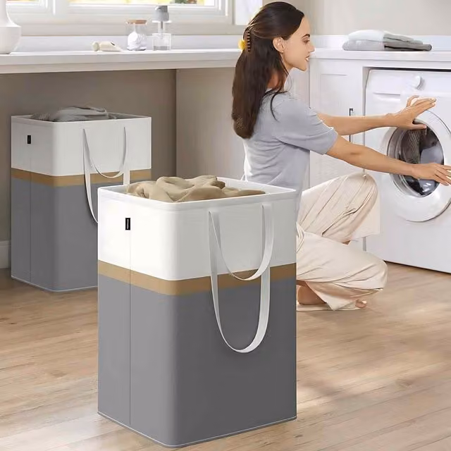 The Bazaarist Set of 2 Collapsible Fabric Laundry Hampers with Dual Handles, Grey, W/D/H: 45 x 40 x 65 cm