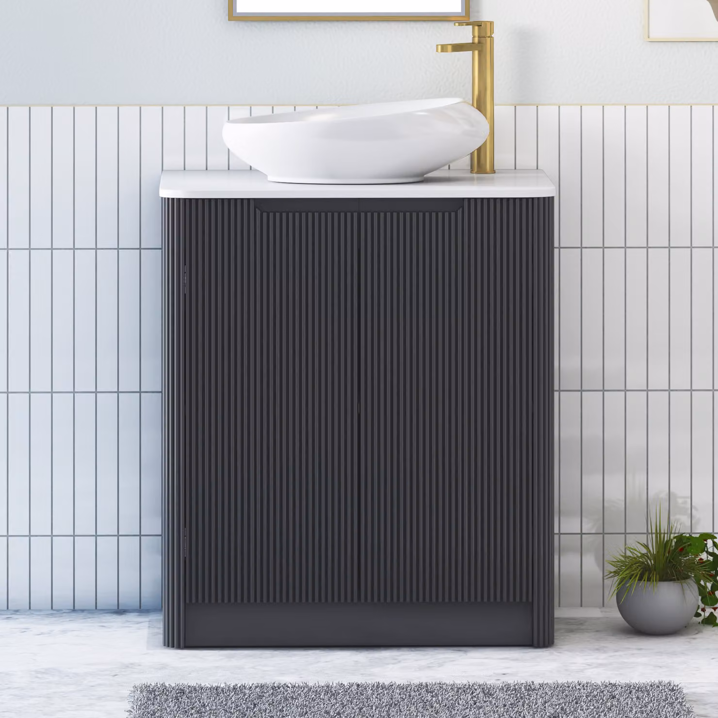 Royal Bathrooms Avenza 600mm Matt Obsidian Black Floor Standing 2 Door Vanity Unit with Plain White Worktop and Nova Basin