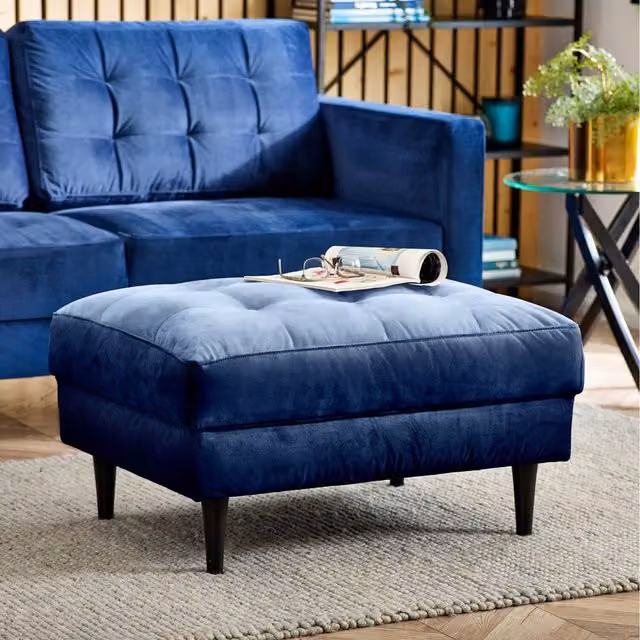 FurnitureboxUK Juno Navy Blue Velvet Rectangular Footstool