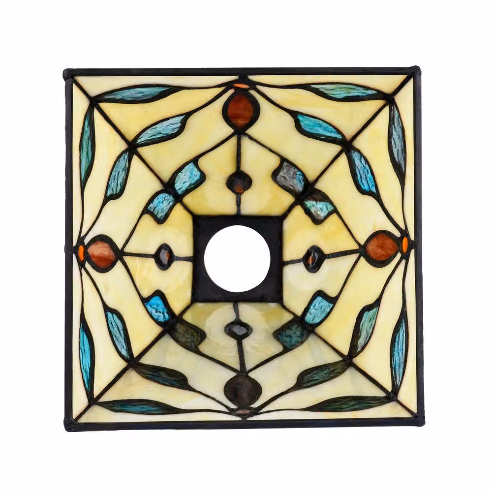 Happy Homewares Square Tiffany Glass Pendant Light Shade in Multicolour with Emerald Green Leaves – 2