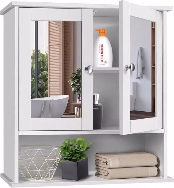 FORGEVIO Modern White MDF Wall Mounted Bathroom Cabinet with Double Mirror Doors – 1