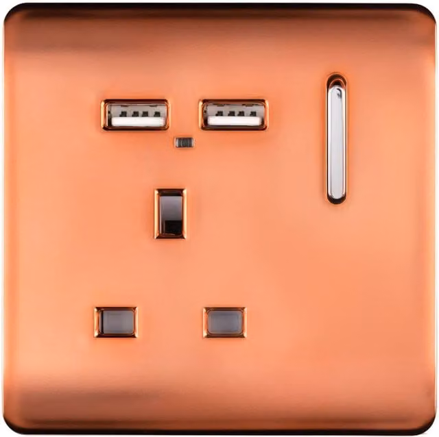 Trendi 1 Gang Single Switched Screwless Modern Glossy 13 Amp Wall Socket with 2x 2.1A USB Charging Ports in Copper – 1