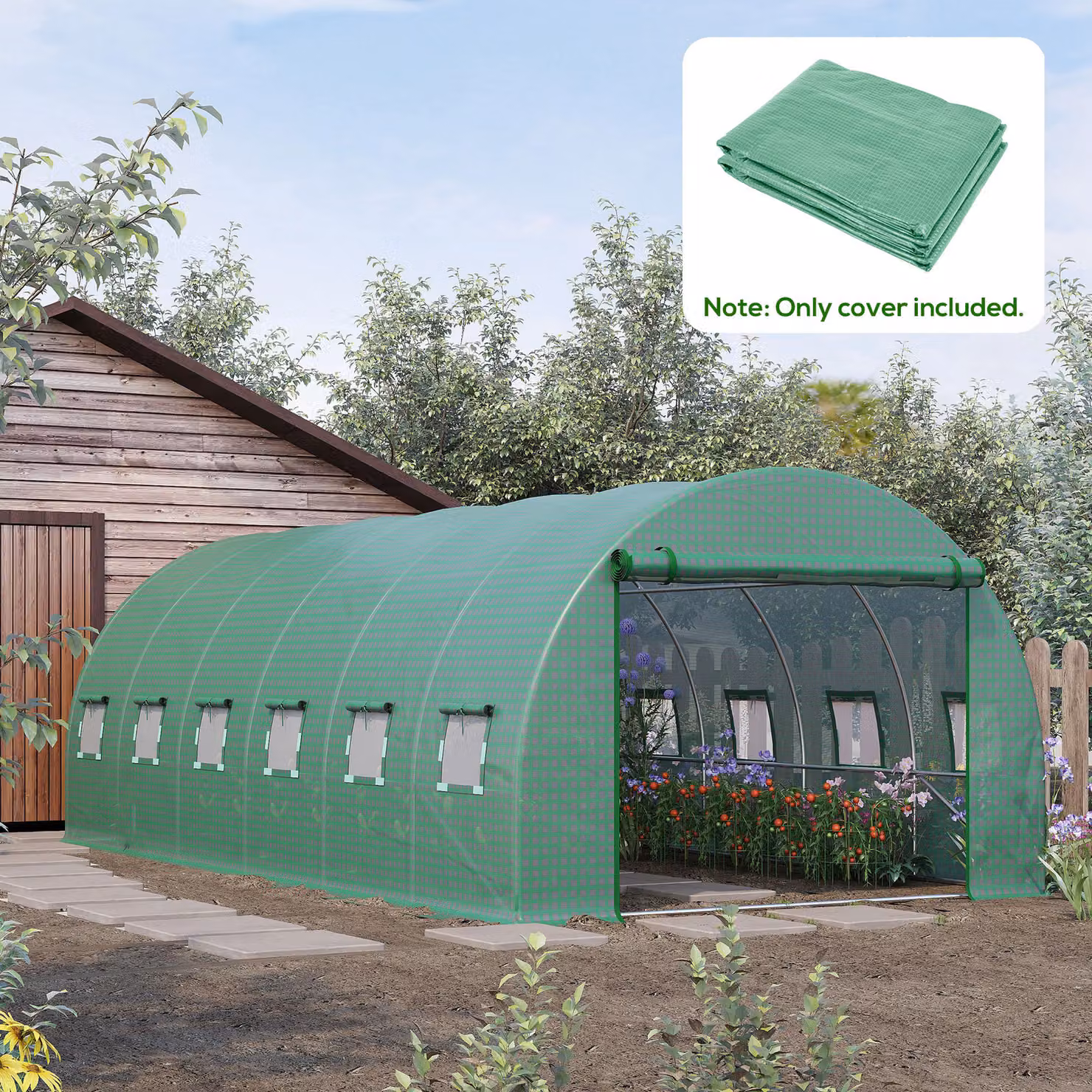 Outsunny Green PE Replacement Cover for Walk-in Tunnel Greenhouse with Roll-up Windows, W: 6 m, D: 3 m, H: 2 m – 2