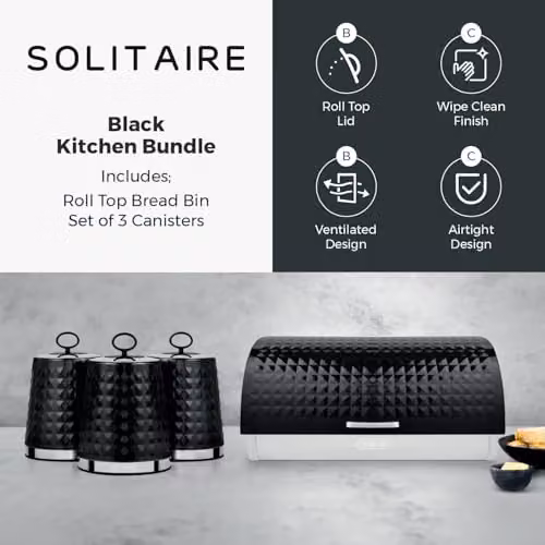 Tower Solitaire Roll Top Bread Bin and Set of 3 Airtight Canisters, Black Stainless Steel, W: 27.5 cm, D: 19.0 cm, H: 39.0 cm – 2