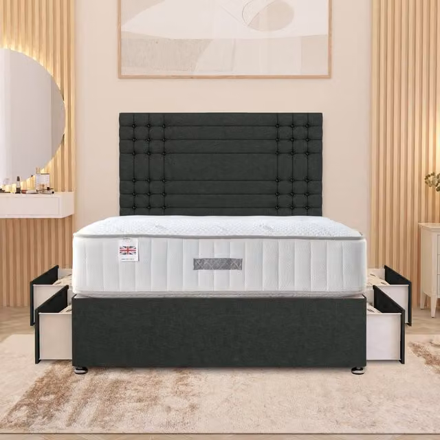 Somnior Beds Ltd Modern Upholstered Fabric Bed Frame with Headboard and Drawers in Anthracite Grey, W/D/H: 180 x 200 cm