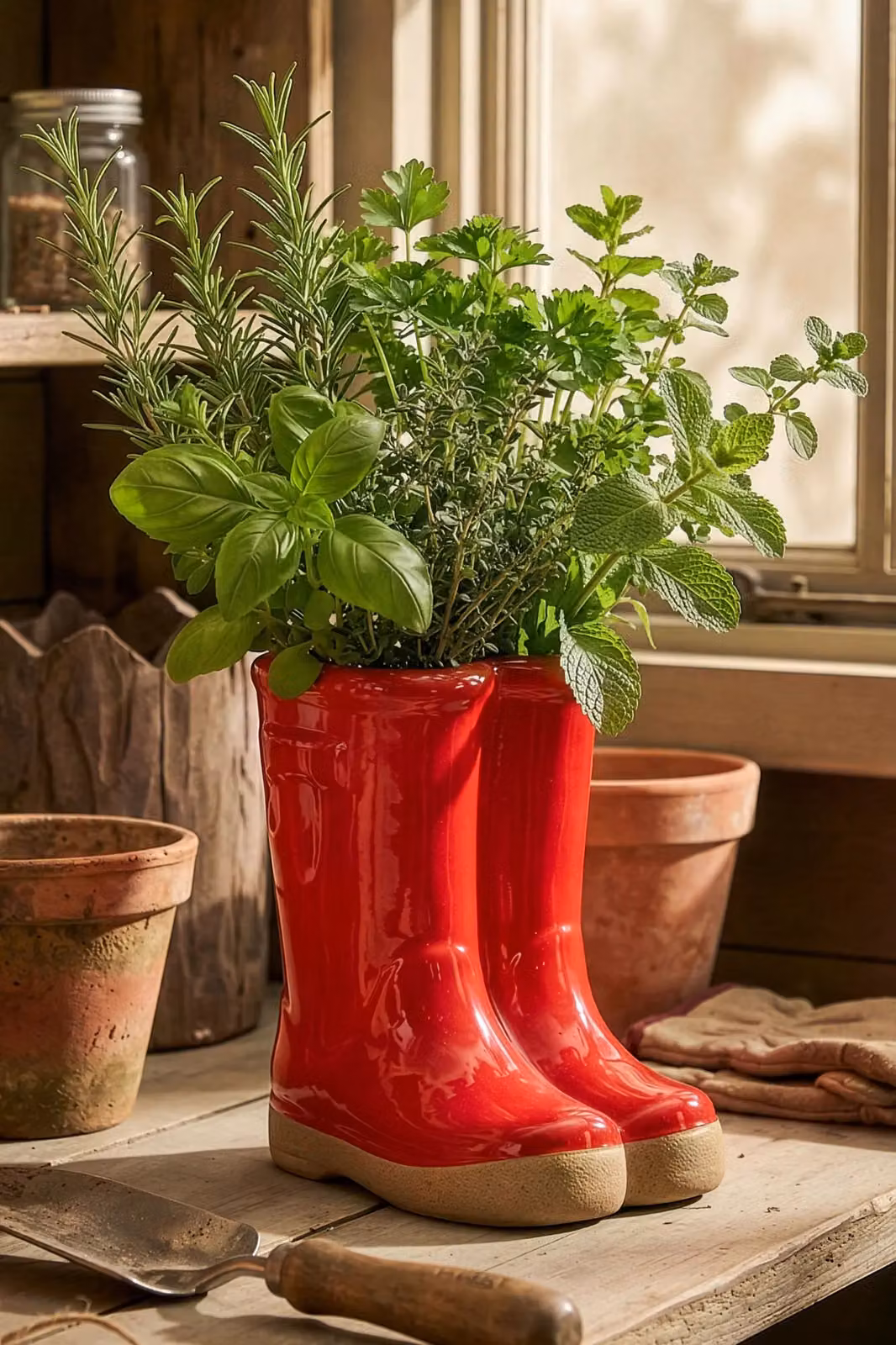 Dibor Small Red Wellington Boot Ceramic Indoor Outdoor Flower Pot Garden Planter, H: 17 cm, W: 15 cm – 3
