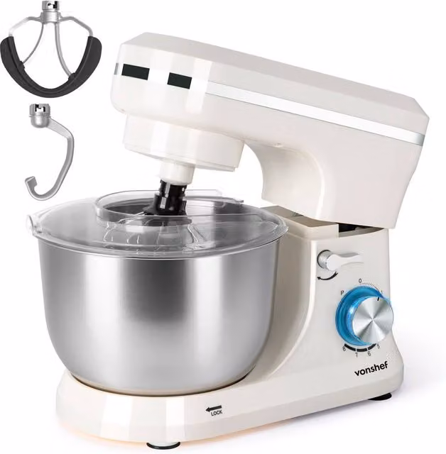 VonShef 1000W Electric Food Stand Mixer with 4.5L Bowl and 3 Attachments in Beige
