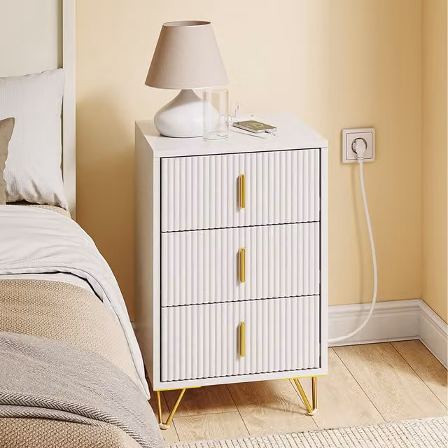 SoBuy Modern White Bedside Table with 3 Drawers and Charging Station
