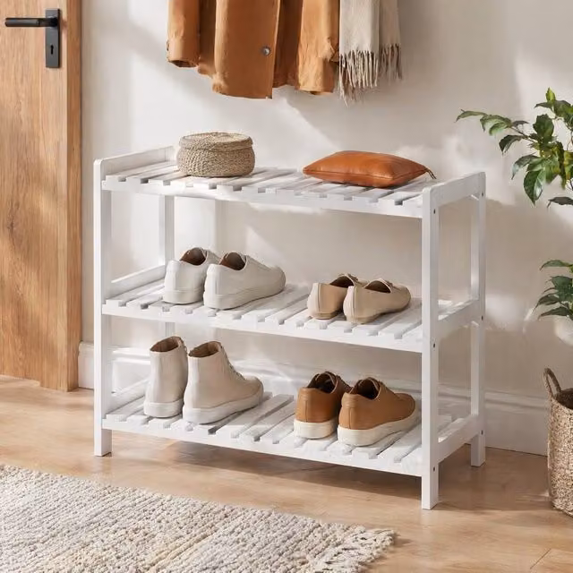 STILVORA 3 Tier Freestanding Shoe Rack with Slatted Shelves in White – 1