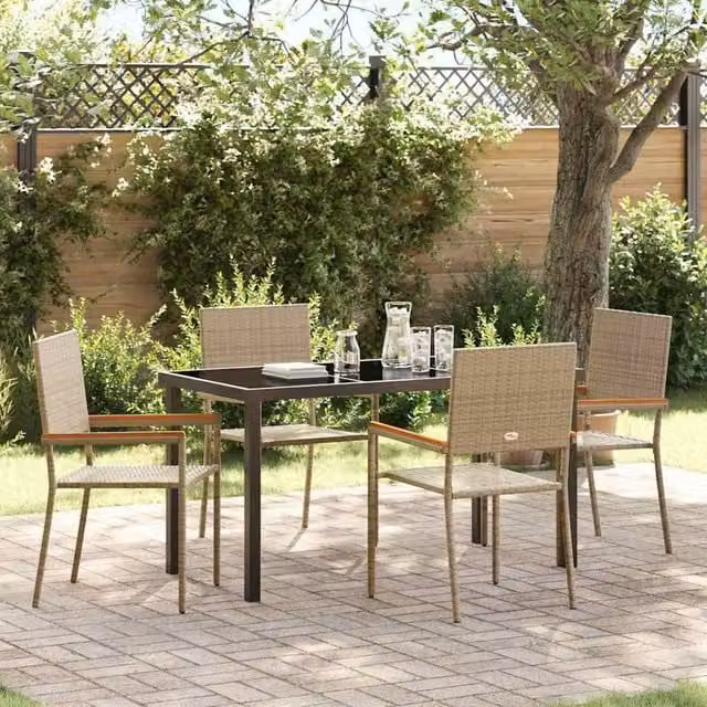 Berkfield Home Garden 5 Piece Dining Set with Beige Cushions in Poly Rattan and Acacia Wood – 1