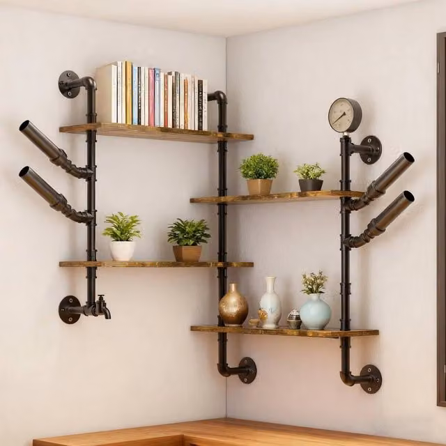 Kelvenix Industrial Corner Wall Mounted Wine Rack Display Shelf in Black