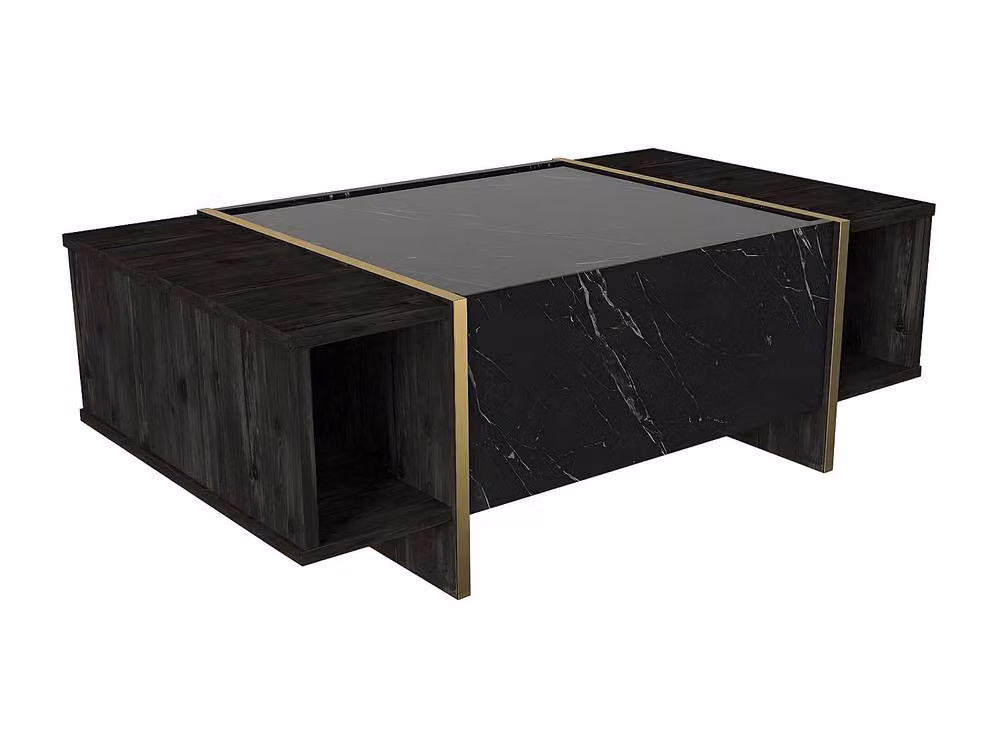 Vente-unique Modern Rectangular Coffee Table with 1 Door and 2 Compartments in Black Marble Effect, W/D/H: 103.8 x 60.0 x 37.3 cm – 2