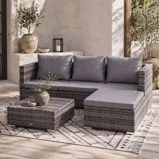 Wyld Haus Sevafa L Shaped Outdoor Corner Sofa Set in Mixed Grey PE Rattan with Cushions – 1