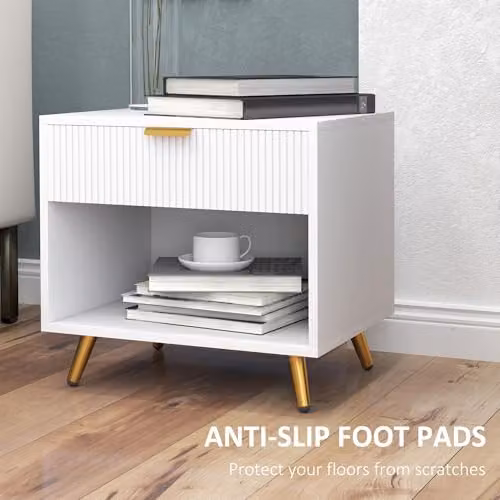 HOMCOM Set of 2 Modern White and Gold Bedside Tables with Drawer and Open Compartment – 4