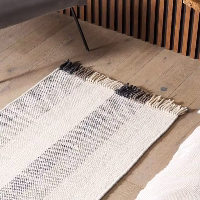 Wyld and Coco Off-White Handwoven Wool Rug with Fringes, W: 80 cm, L: 150 cm