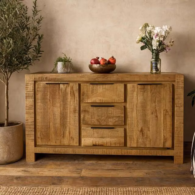 Wyld Haus California Modern Solid Mango Wood Large Sideboard with 2 Doors and 3 Drawers, Brown, W/D/H: 145.0 x 40.0 x 80.0 cm