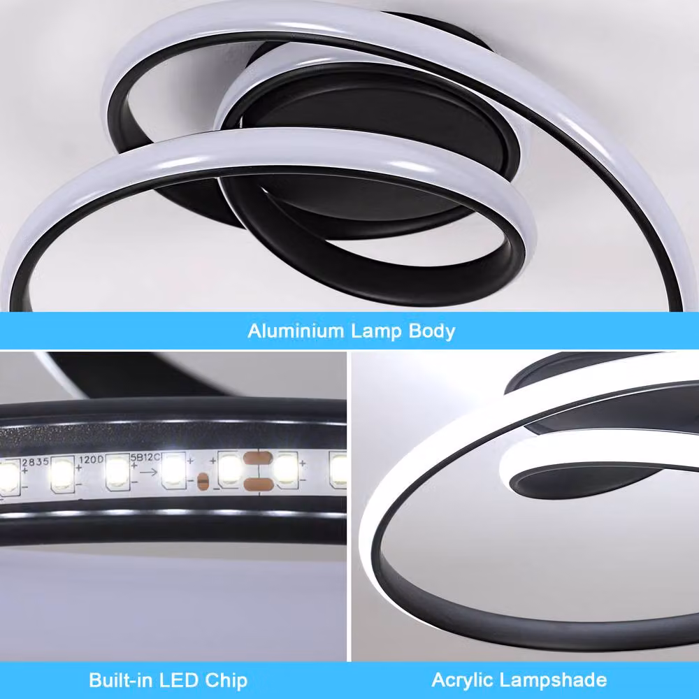 Pheashine Black Modern LED Ceiling Light, 36W 6500K Cool White Metal Fixture – 3