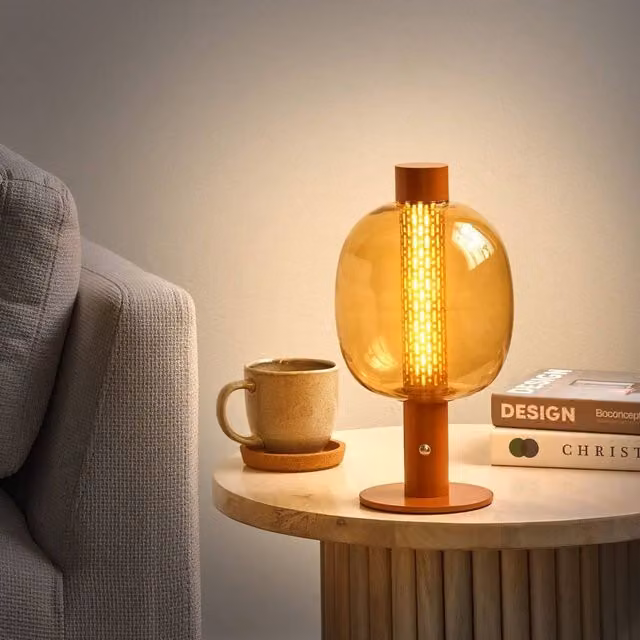 Wyld and Coco Nexa Cordless Dimmable LED Table Lamp in Brown Aluminium with Transparent Glass Oval Shade
