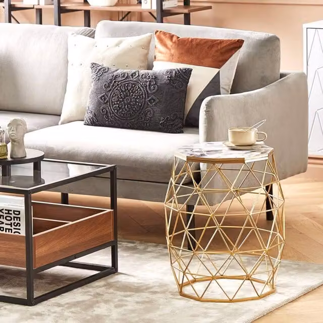Wyld and Coco Gold Marble-Effect Round Side Table with MDF Top and Iron Cage Base, Height: 43 cm
