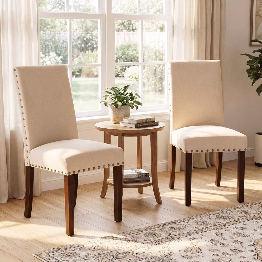 Costway Set of 2 Upholstered High Back Dining Chairs in Beige – 3